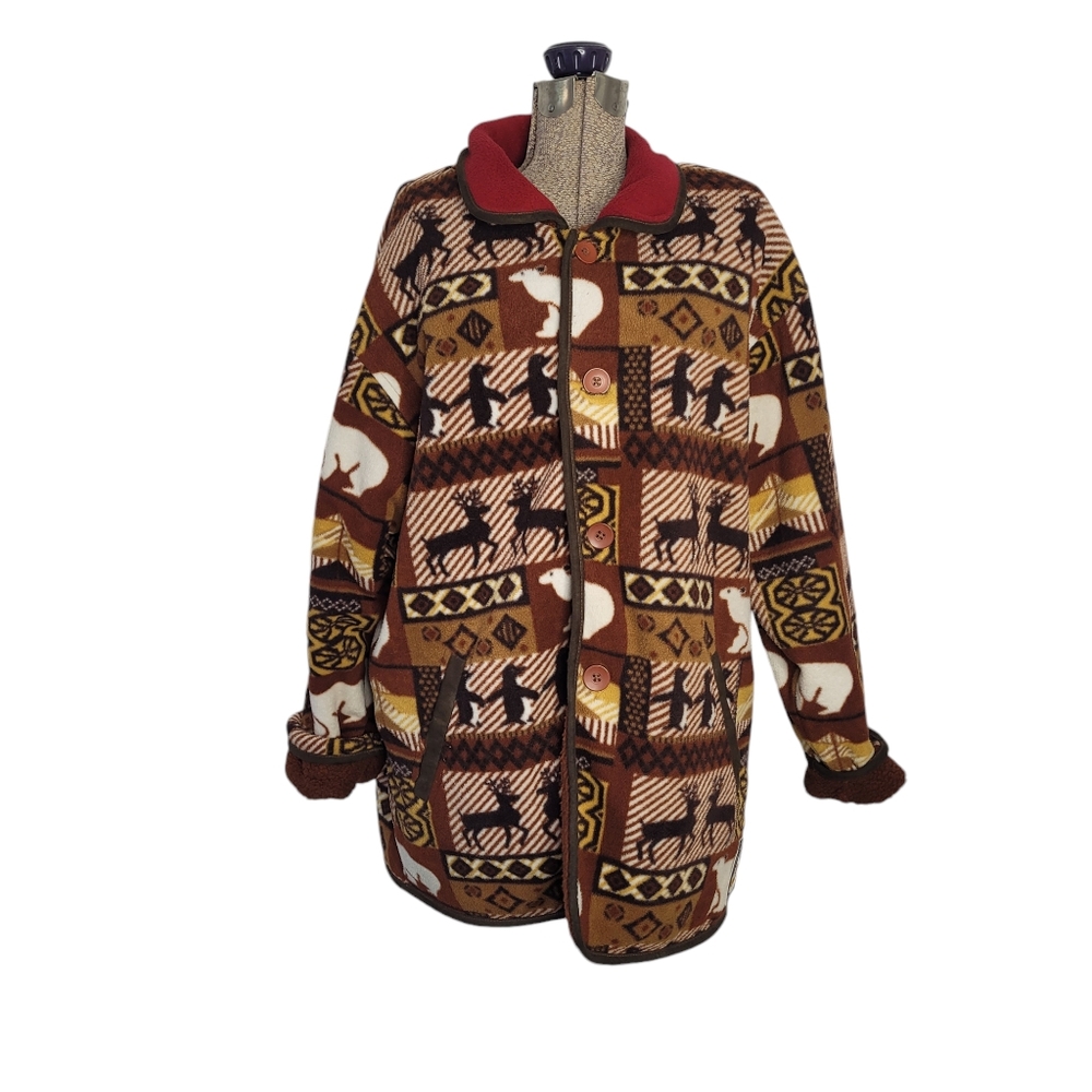 Vintage Reversible brown Cat Out fleece coat with animal print in size XL - Picture 3 of 16